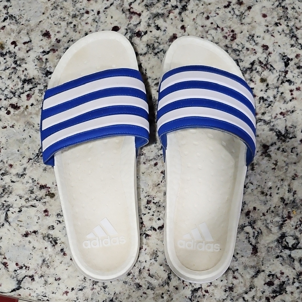 Adidas Striped Blue and White Slides